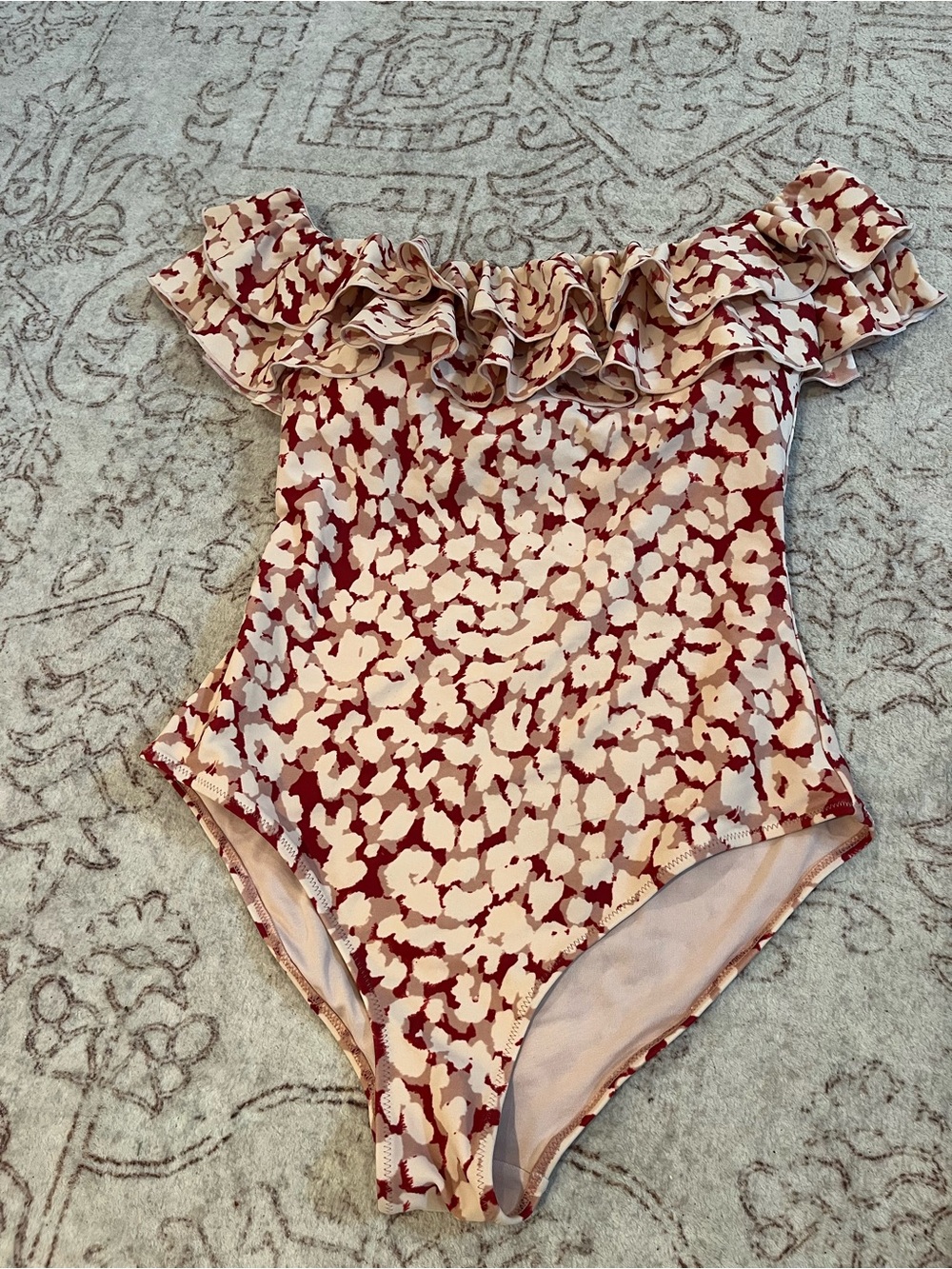 LOVE Stories Swim Club x H&M Ruffle One-Piece Swimsuit Cream & Burgundy Size 6